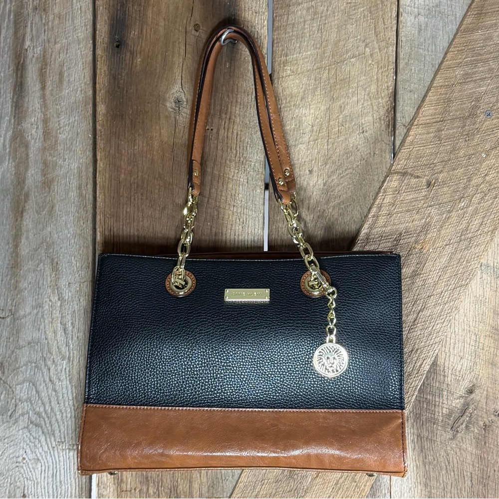 Anne Klein Two-Toned Black and Brown Leather Bag With Gold Accents